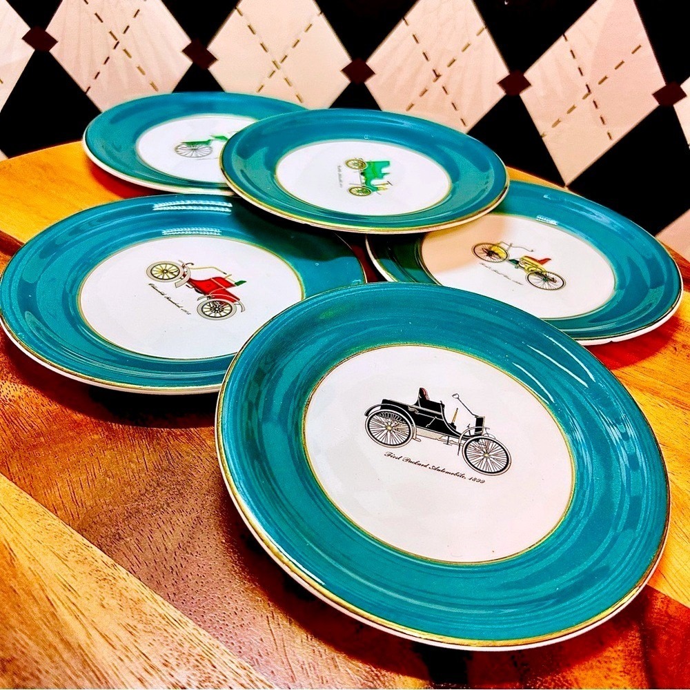 Harker Pottery Automobile Plates Vintage Car Plates Turquoise‎ Gold Rim Mancave